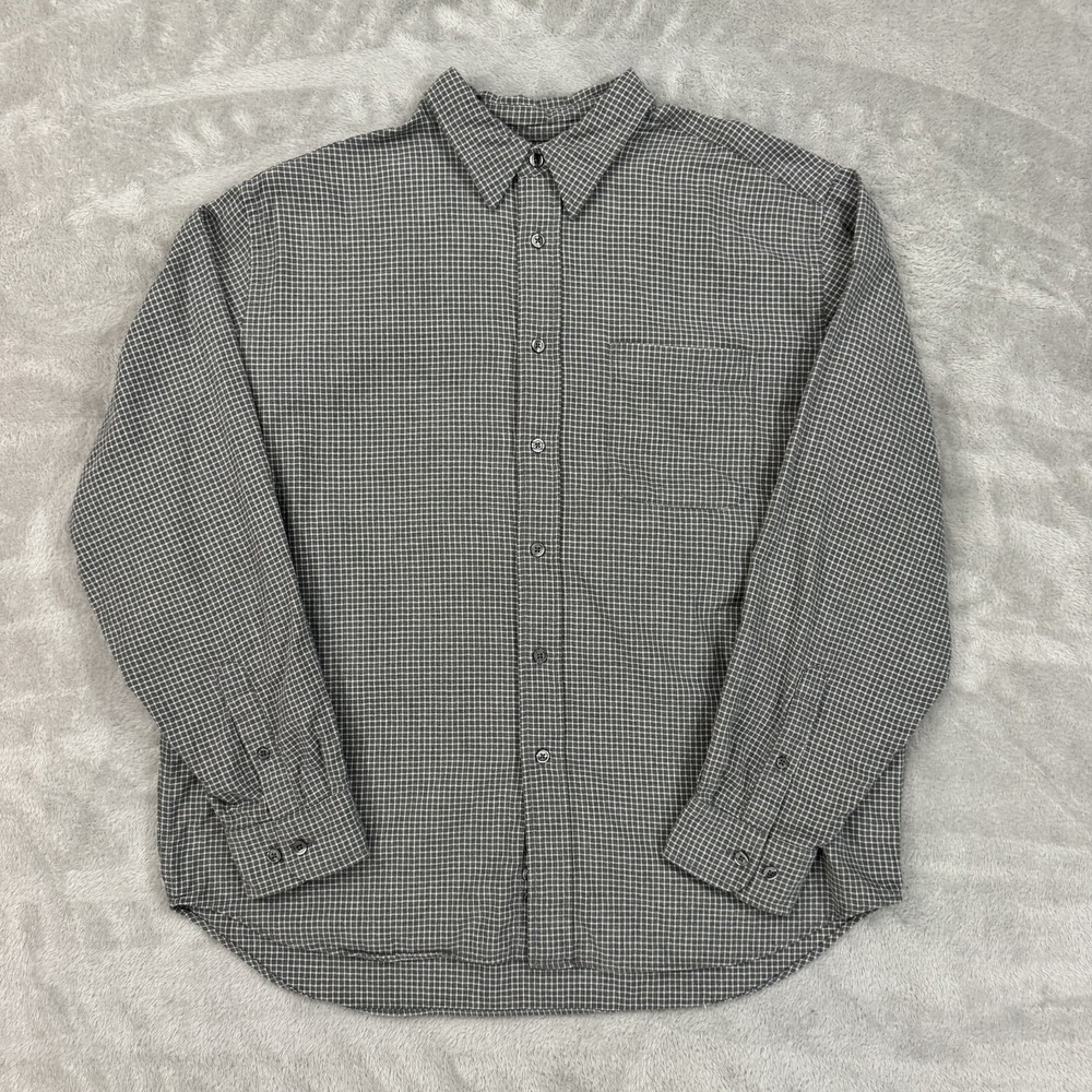 Eddie Bauer‎ Shirt Mens Large Gray Check Soft Flannel Pleated Dad Brushed Cotton
